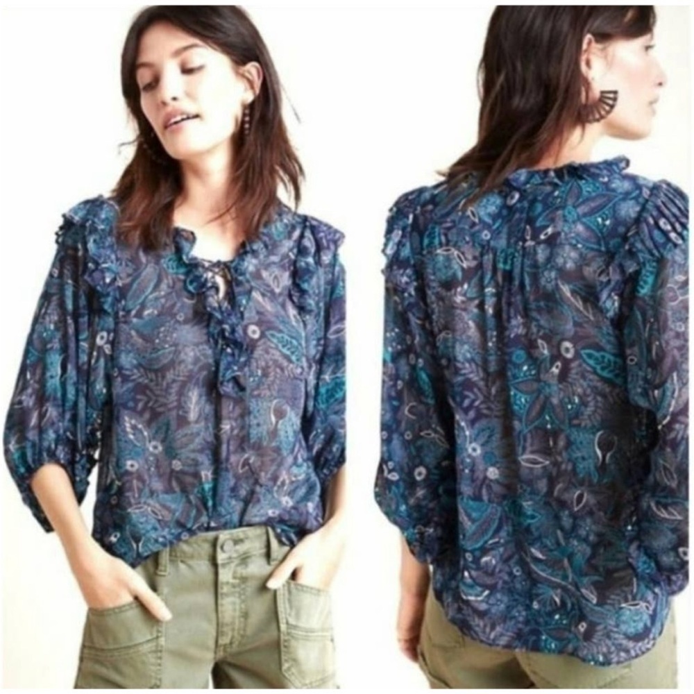 Anthropologie Women's Blue Turquoise Haida Pheasant Ruffled Top Size 1XL